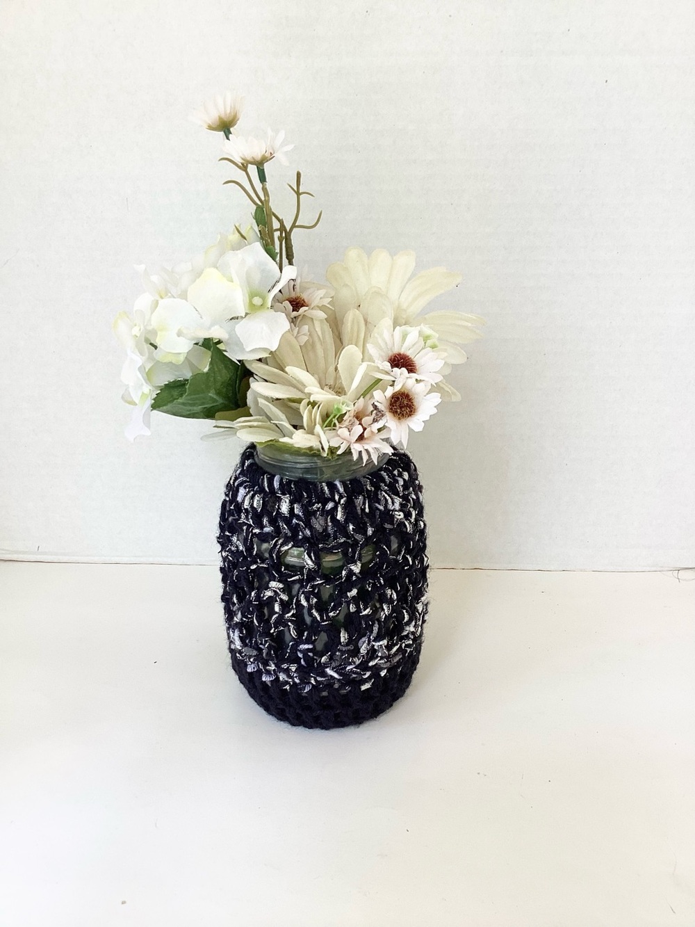 Vase Cover Hand Crafted Crochet Black Silver